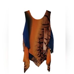 Feratelli Orange and Blue Tiger Sleeveless Top W/ Sharkbite Hem